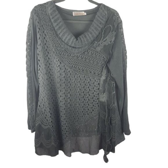 Simply Couture Lace Blouse Long Sleeve Cowl Neck Chiffon Layers Shirt - Picture 3 of 14